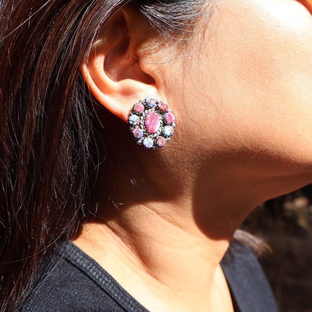 Navajo Earrings Native American Jewelry Pink Spiny Oyster Shell Sterling Silver* - Picture 4 of 12